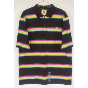 Southpole‎ Mens Large Rainbow Stripe Polo Shirt Black Short Sleeve Y2K NWOT